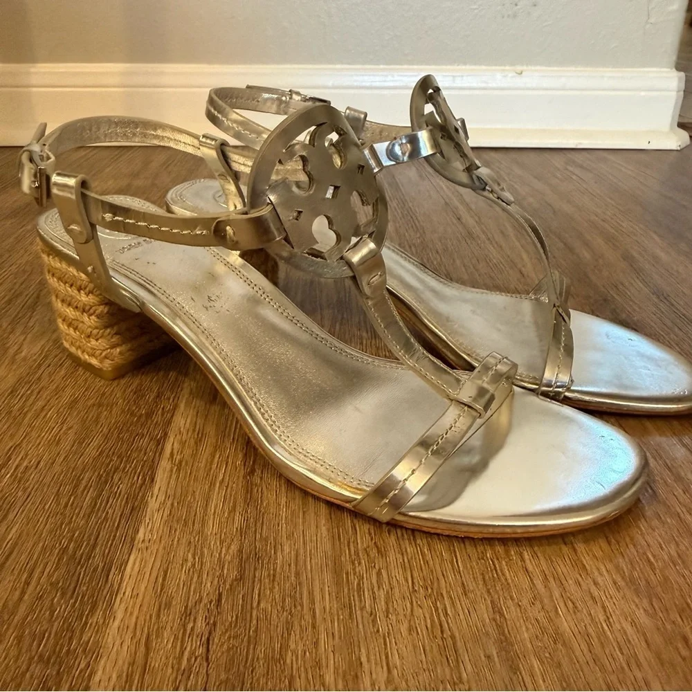Tory Burch Women's Miller Silver Metallic Espadrille Block Heel Sandals Size 9